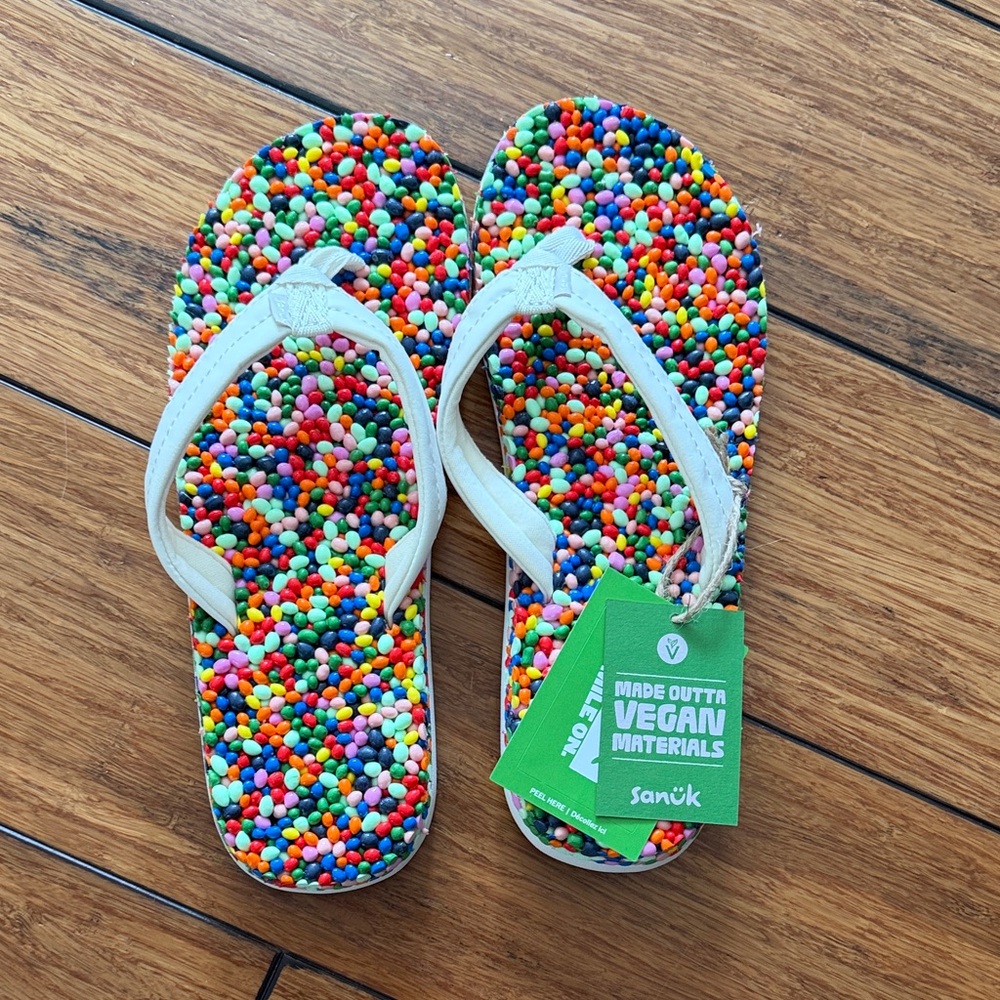 Sanuk White-Strap Flip Flops with Multicolor